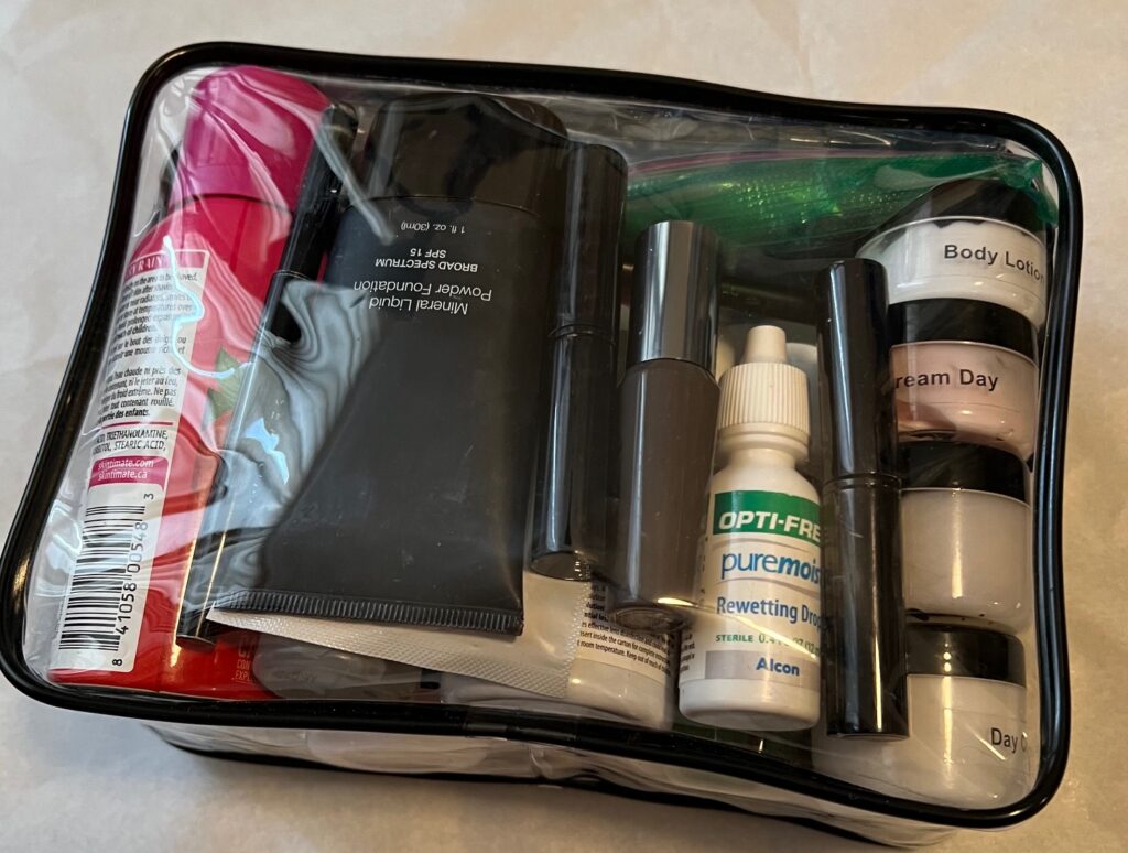 Clear bag for toiletries and cosmetics for your carry on